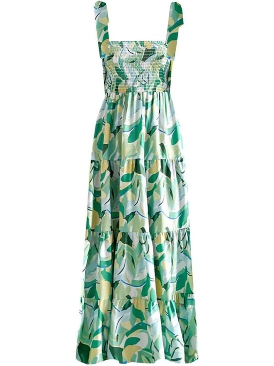 Dresses & Skirts - Women's Green Floral Sleeveless Square Neck Ruffle Flowy Imported Maxi Dress